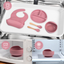 Kit 8pçs Talheres de Silicone p/ Bebê c/ Ventosa, Colher, Garfo, Canudo e Babador Infantil