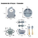 Kit 8pçs Talheres de Silicone p/ Bebê c/ Ventosa, Colher, Garfo, Canudo e Babador Infantil