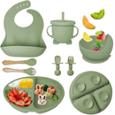 Kit 8pçs Talheres de Silicone p/ Bebê c/ Ventosa, Colher, Garfo, Canudo e Babador Infantil