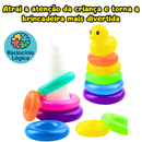 Brinquedo Infantil Pato de Argolas + Cubo Didatico Empilhar Criança Presente 1 Ano Menino e Menina